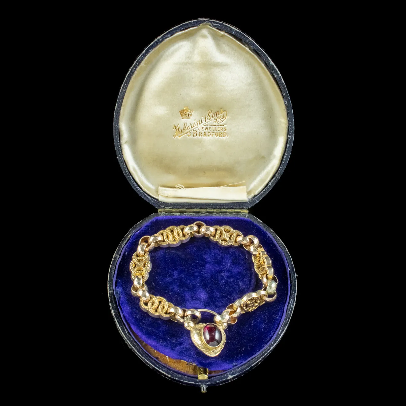 ANTIQUE VICTORIAN BRACELET GARNET HEART PADLOCK CIRCA 1860 BOXED