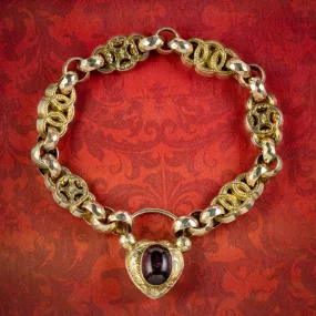 ANTIQUE VICTORIAN BRACELET GARNET HEART PADLOCK CIRCA 1860 BOXED