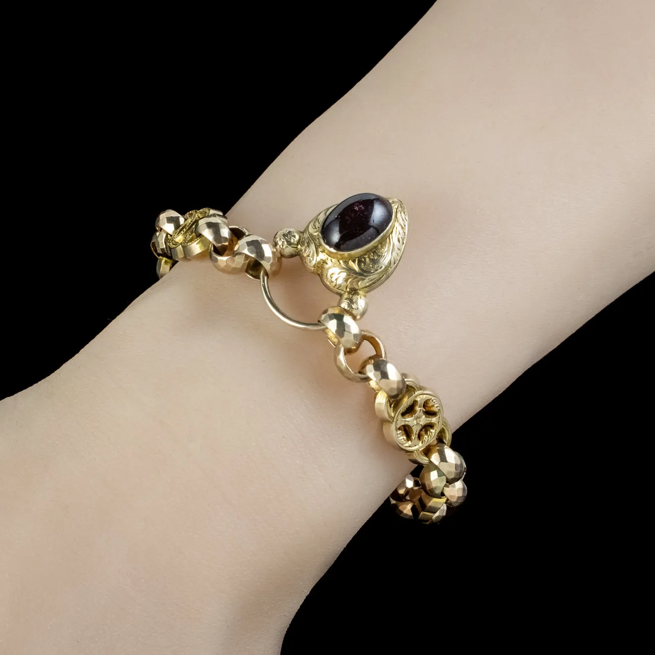 ANTIQUE VICTORIAN BRACELET GARNET HEART PADLOCK CIRCA 1860 BOXED