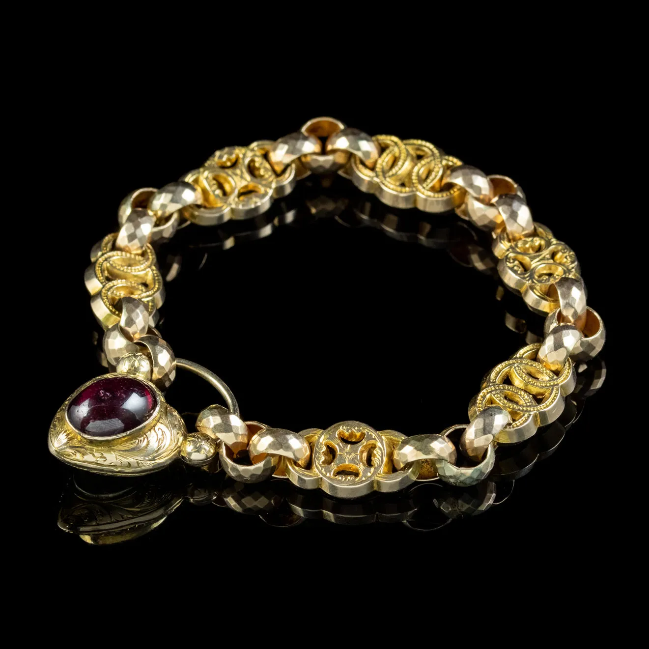 ANTIQUE VICTORIAN BRACELET GARNET HEART PADLOCK CIRCA 1860 BOXED