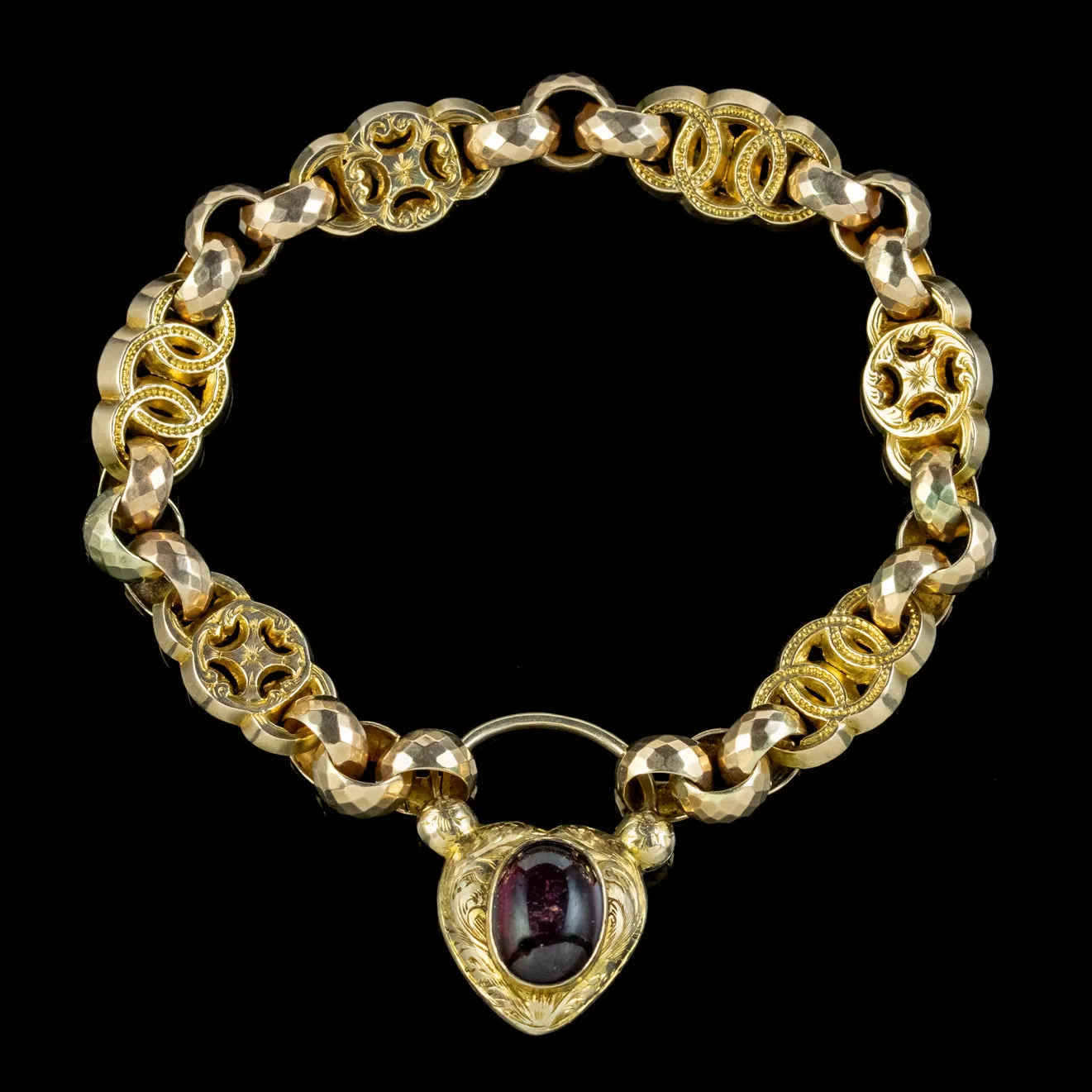 ANTIQUE VICTORIAN BRACELET GARNET HEART PADLOCK CIRCA 1860 BOXED