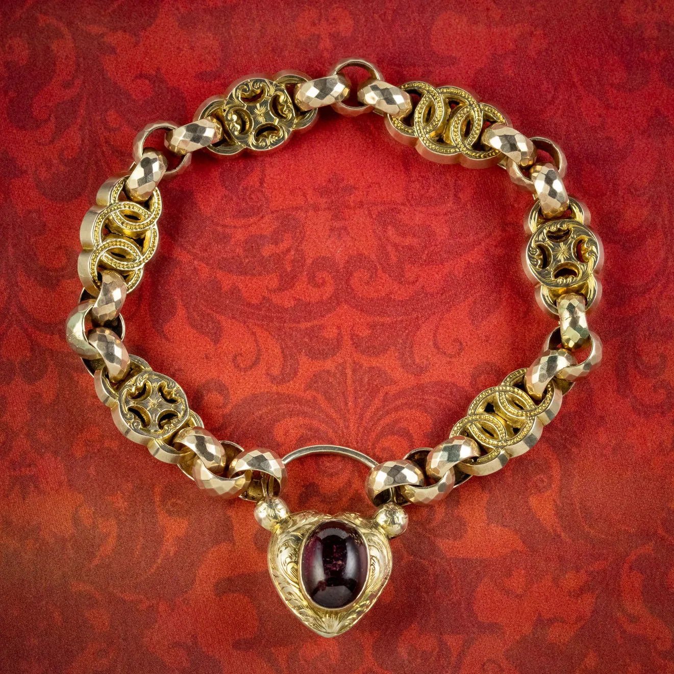 ANTIQUE VICTORIAN BRACELET GARNET HEART PADLOCK CIRCA 1860 BOXED