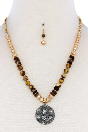 Beaded And Circle Pendant Necklace And Earring Set