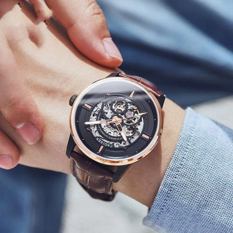 Cadisen 8161 Luxury Men's Mechanical Watch – Luminous Automatic Skeleton with Leather Band
