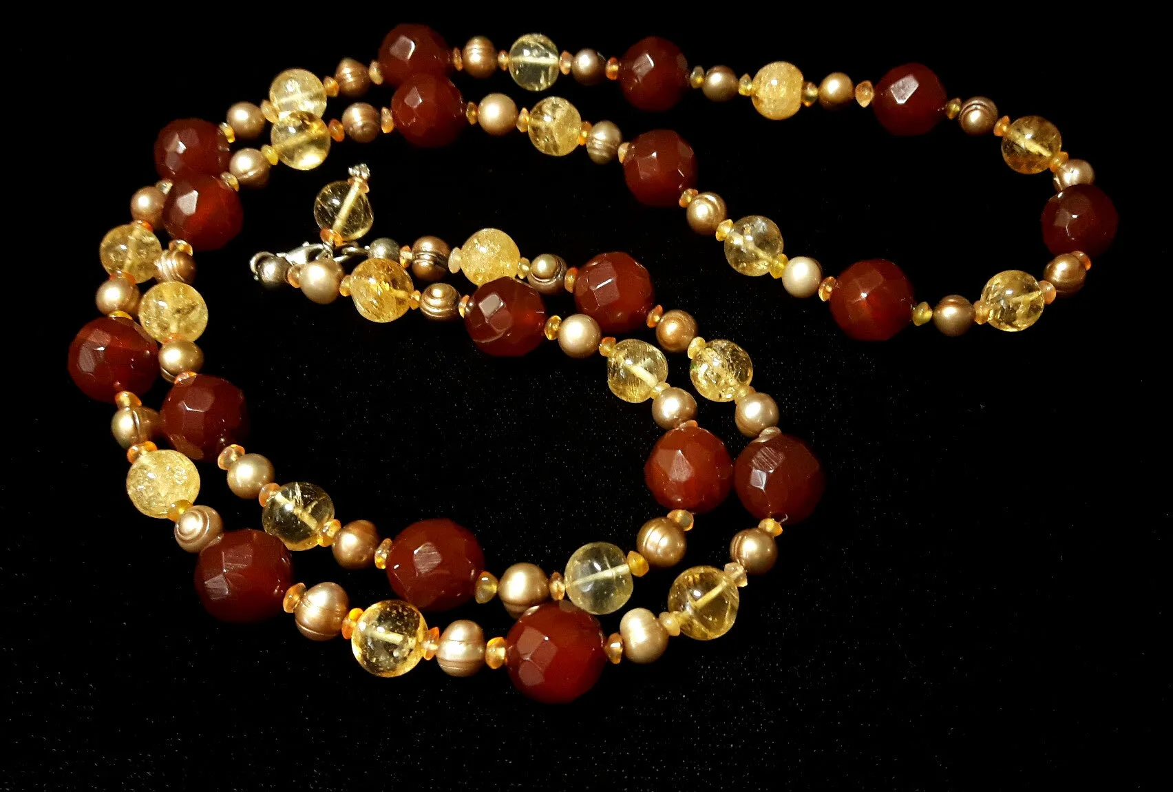 Carnelian & Citrine, Pearl Silver Necklace