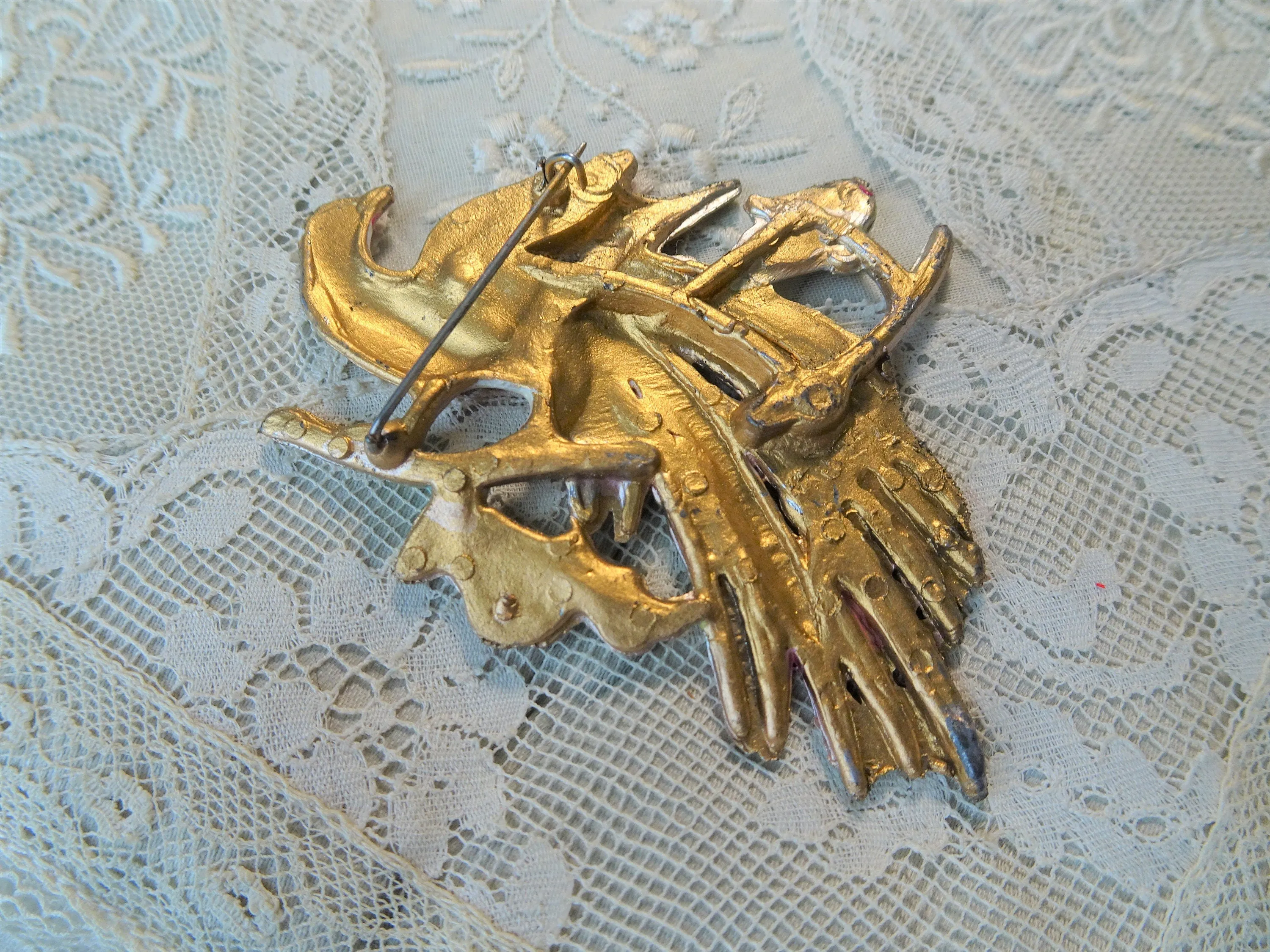 CHARMING Vintage Large Pot Metal and Enamel Brooch, Exotic Bird and Flowers Pin, Lovely Colors, Original Card, Collectible Jewelry