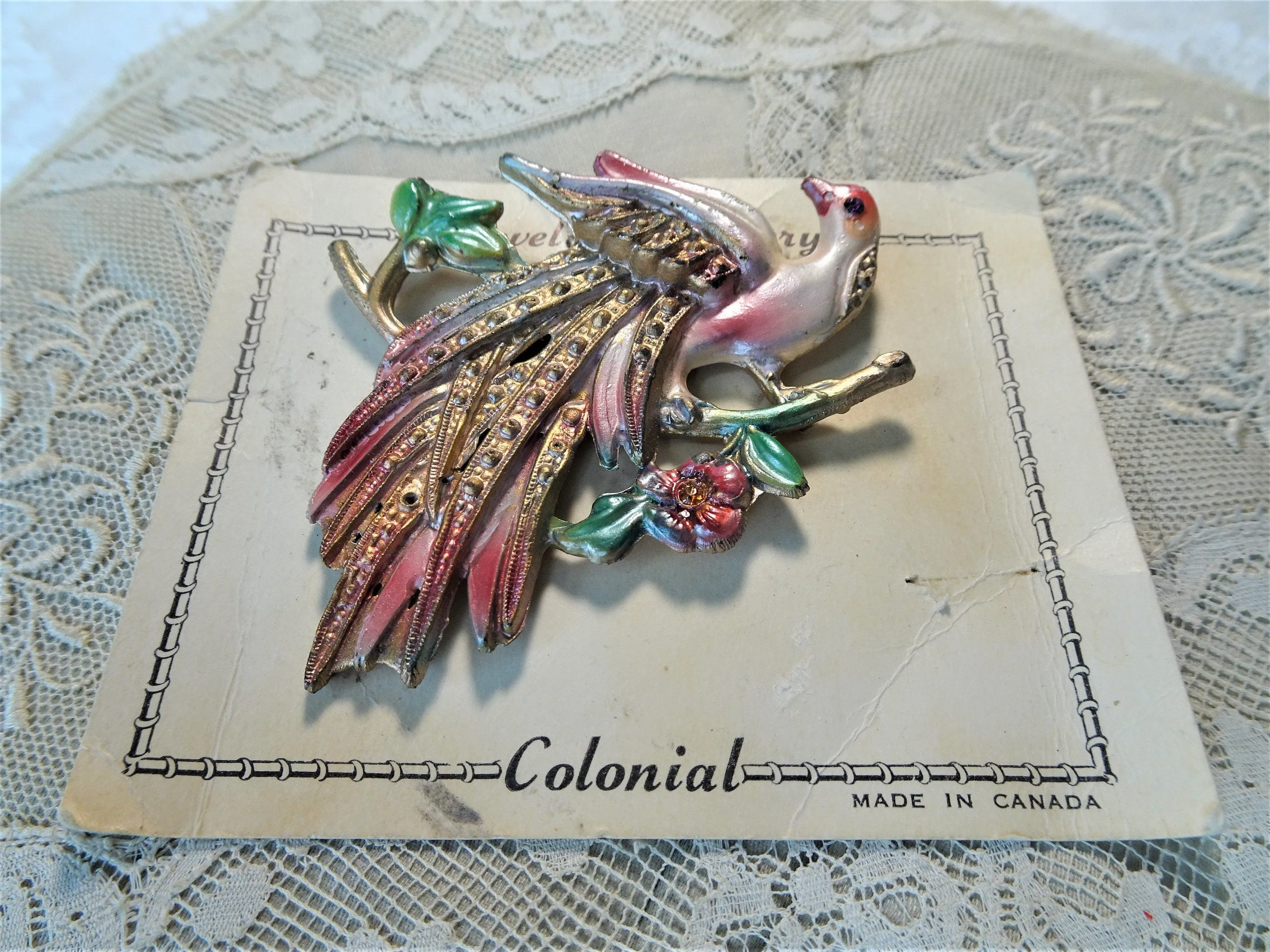 CHARMING Vintage Large Pot Metal and Enamel Brooch, Exotic Bird and Flowers Pin, Lovely Colors, Original Card, Collectible Jewelry