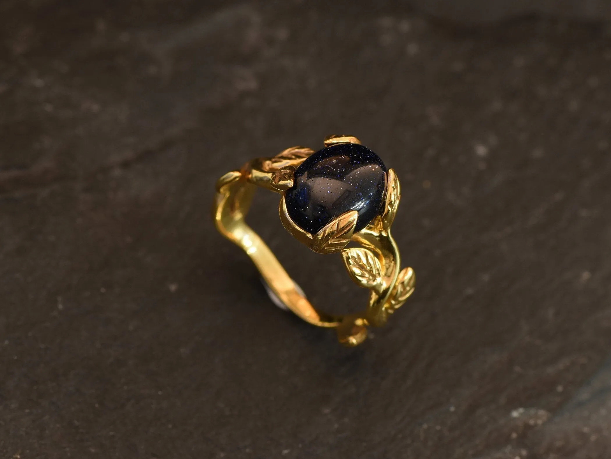 Gold Sandstone Leaf Ring - Vines Ring, Natural Sandstone Ring, Vintage Sandstone Ring