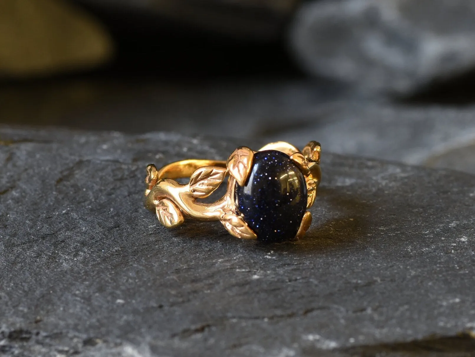 Gold Sandstone Leaf Ring - Vines Ring, Natural Sandstone Ring, Vintage Sandstone Ring