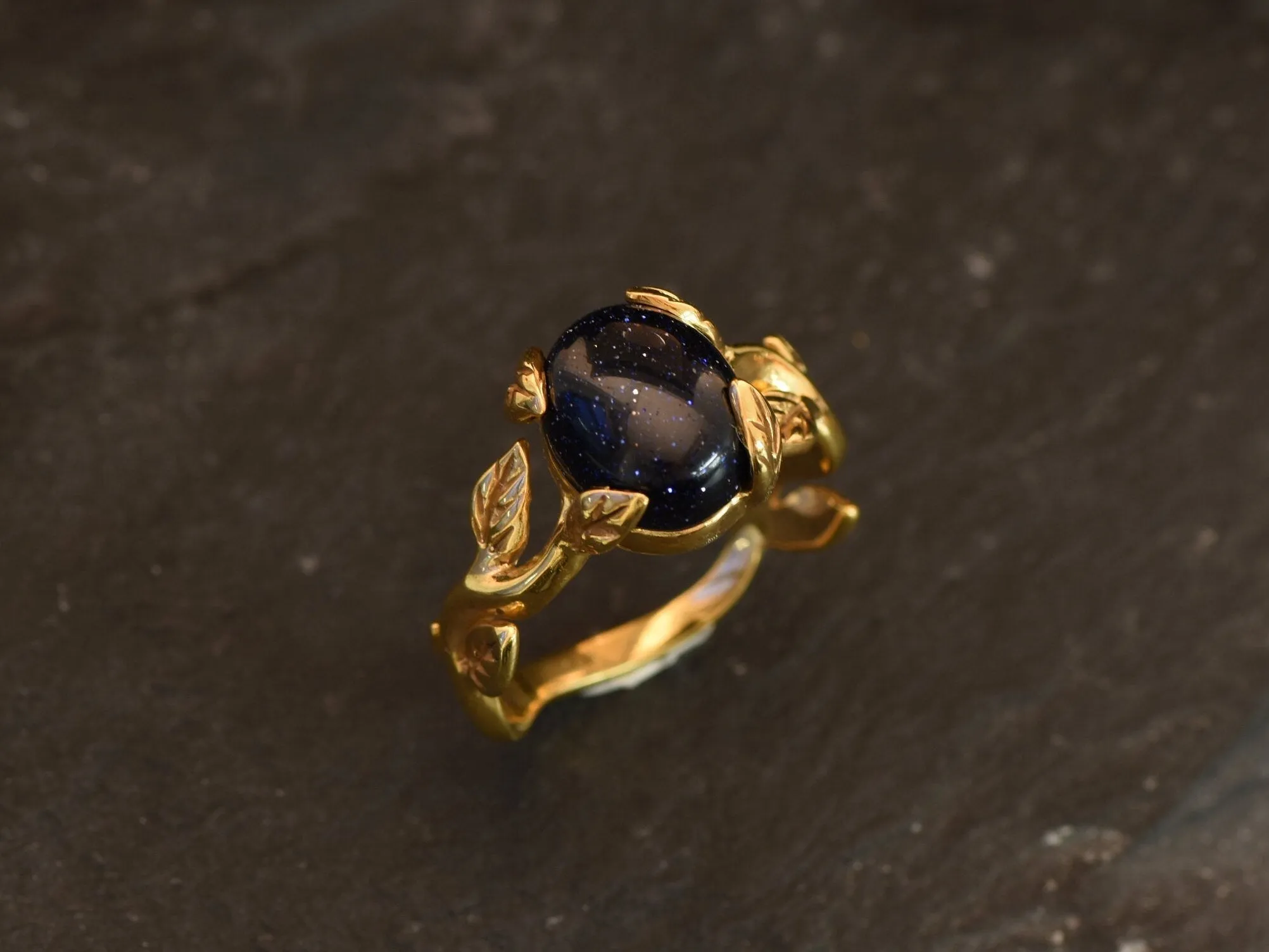 Gold Sandstone Leaf Ring - Vines Ring, Natural Sandstone Ring, Vintage Sandstone Ring